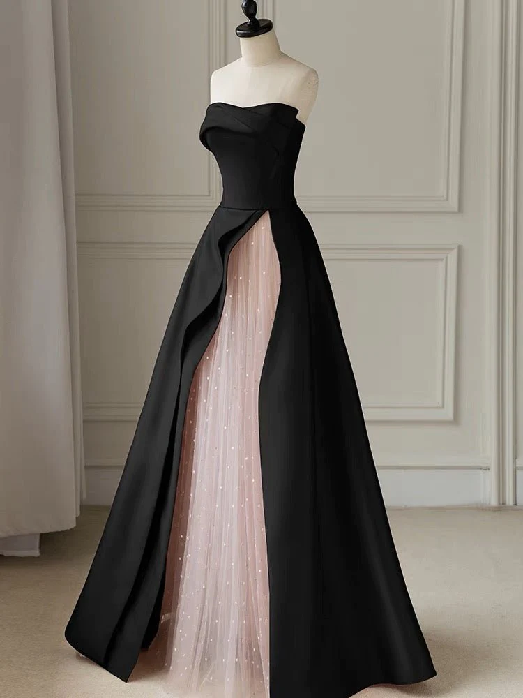 Black Strapless High-Slit Evening Dress With Gauze - Gothic Wedding Dr Simplepromdress Black Strapless High-Slit Evening Dress With Gauze - Gothic Wedding Dr Simplepromdress