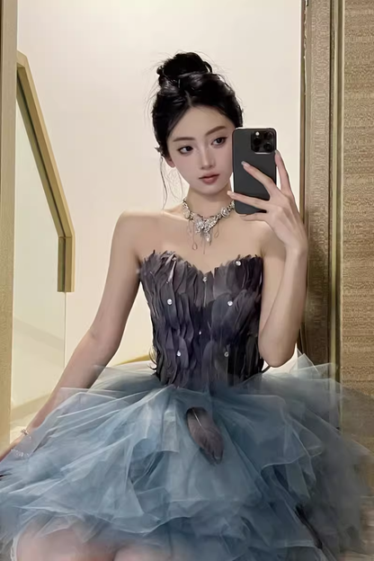 Vintage Strapless Blue Tulle Feathers A Line Short 20th Birthday Outfits Formal Homecoming Dress Y9561