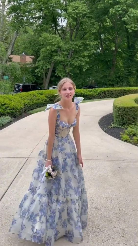 A-line Blue Floral Print Long Prom Dress,Blue Evening Dress  Y2560