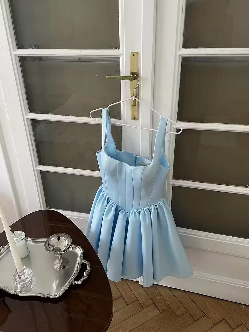 Sweet Sky Blue Satin Wide Shoulder Straps Sleeveless Pleated Mini Prom Dress Short Graduation Homecoming Dress SP3817
