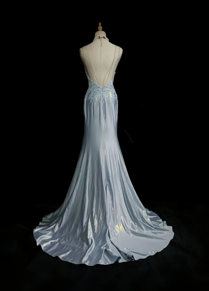 Elegant Blue Spaghetti Strap Prom Gown Pleated Backless Banquet Evening Dress Y8773