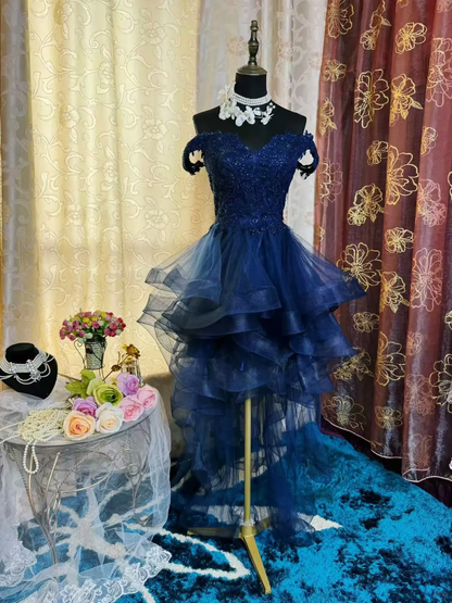Vintage Off The Shoulder Navy Blue Tulle Appliques Short Homecoming Dress Birthday Outfits SP79