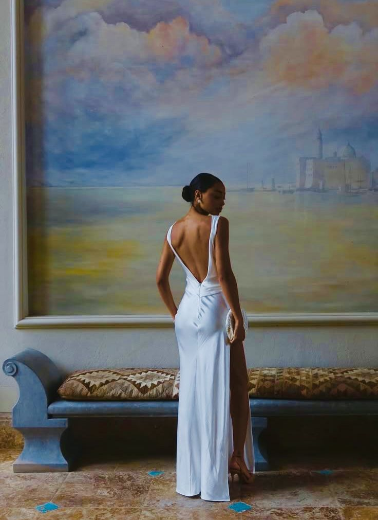 Stylish Sleeveless Satin High Slit Long Wedding Guest Dress White Backless Evening Dress SP1062