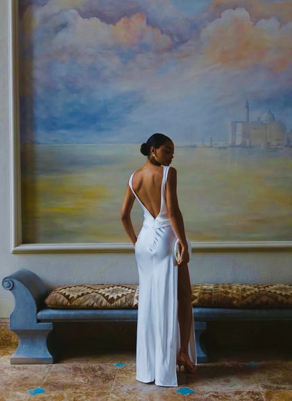 Stylish Sleeveless Satin High Slit Long Wedding Guest Dress White Backless Evening Dress SP1062