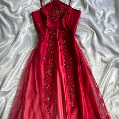 Beautiful Red Satin Tulle Beaded A Line Long Birthday Party Dress Evening Gown Y9746