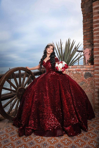 Gold Burgundy Sweet 16 Dress Unique Maroon Sequin Puffy Quinceanera Dress Gold Lace Appliques Gold Burgundy Sweet 16 Dress Unique Maroon Sequin Puffy Quinceanera Dress Gold Lace Appliques