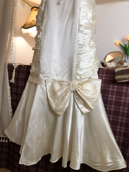 Vintage Spaghetti Strap Ivory Satin Mermaid Long Prom Dress Evening Dress Y9468