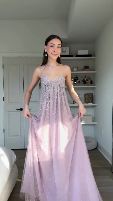 Elegant Spaghetti Straps Pink Tulle Sequin A Line Long Party Dress Prom Gowns SP4271