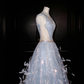 Glamorous V Neck Tulle Beaded Feathers A Line Prom Dress Evening Dress Y8682