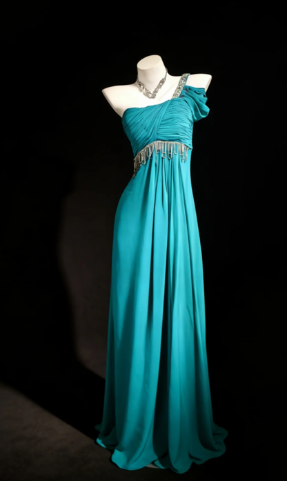 Pretty Blue V Neck Satin Beaded Long Wedding Guest Dress One Shoulder Party Dress Prom Gown SP1579