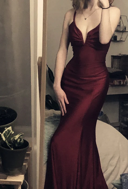 Spaghetti Straps Burgundy Mermaid Long Prom Dress S20254