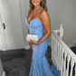 Light Blue V Neck Mermaid Sequins Fitted Prom Dress Y6162