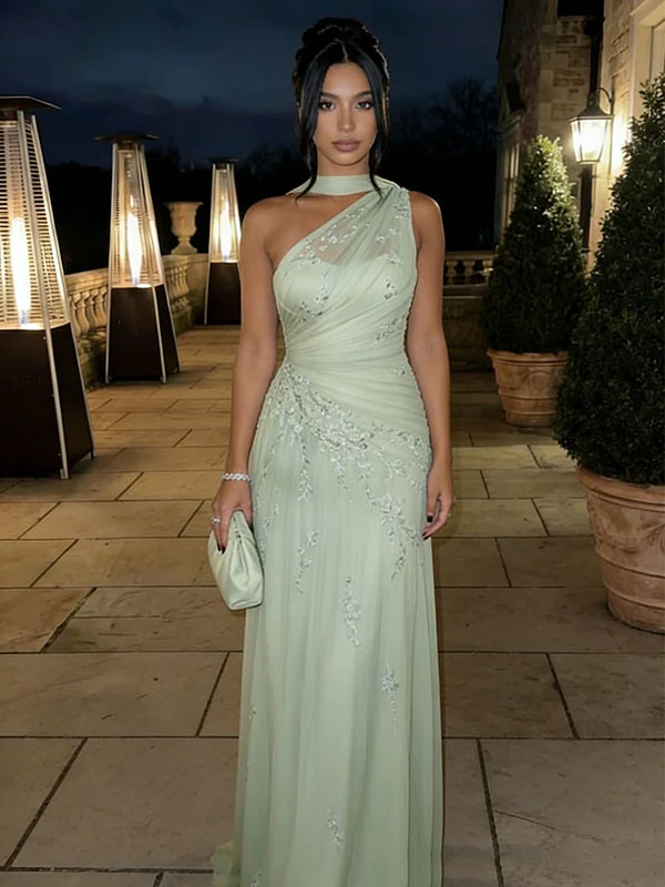 Glamorous Sage Green One-Shoulder Embroidered Chiffon Mermaid Prom Dress Long Evening Dress SP2301