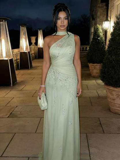 Glamorous Sage Green One-Shoulder Embroidered Chiffon Mermaid Prom Dress Long Evening Dress SP2301