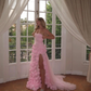 Chic Pink Strapless Long Prom Dress with 3D Flowers Y2723