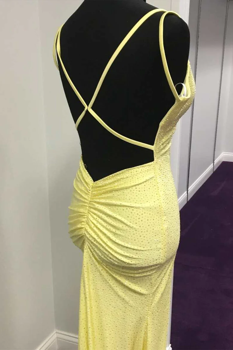 Mermaid Yellow Long Prom Dresses, Backless Yellow Prom Dresses Formal Evening Dresses Y1562