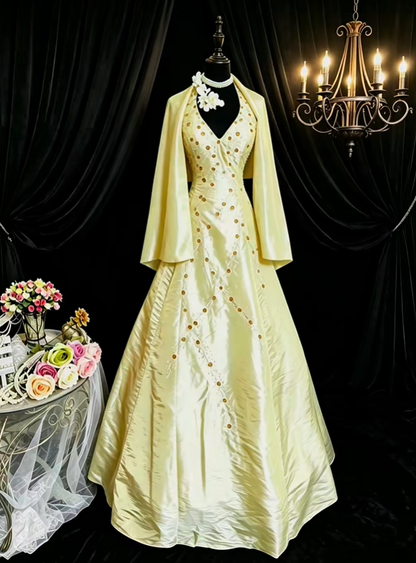 Charming Halter Ball Gown Yellow Satin Beaded Long Prom Dress Evening Gowns With Wrap SP2379