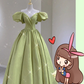Green Satin Long Prom Dress With Puff Sleeves,Green Evening Dress ,Y2458