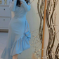 Mermaid Light Blue Women's Prom Dresses V Neck Long Sleeves Formal Occasion Dress Temperament Evening Dress Y4764