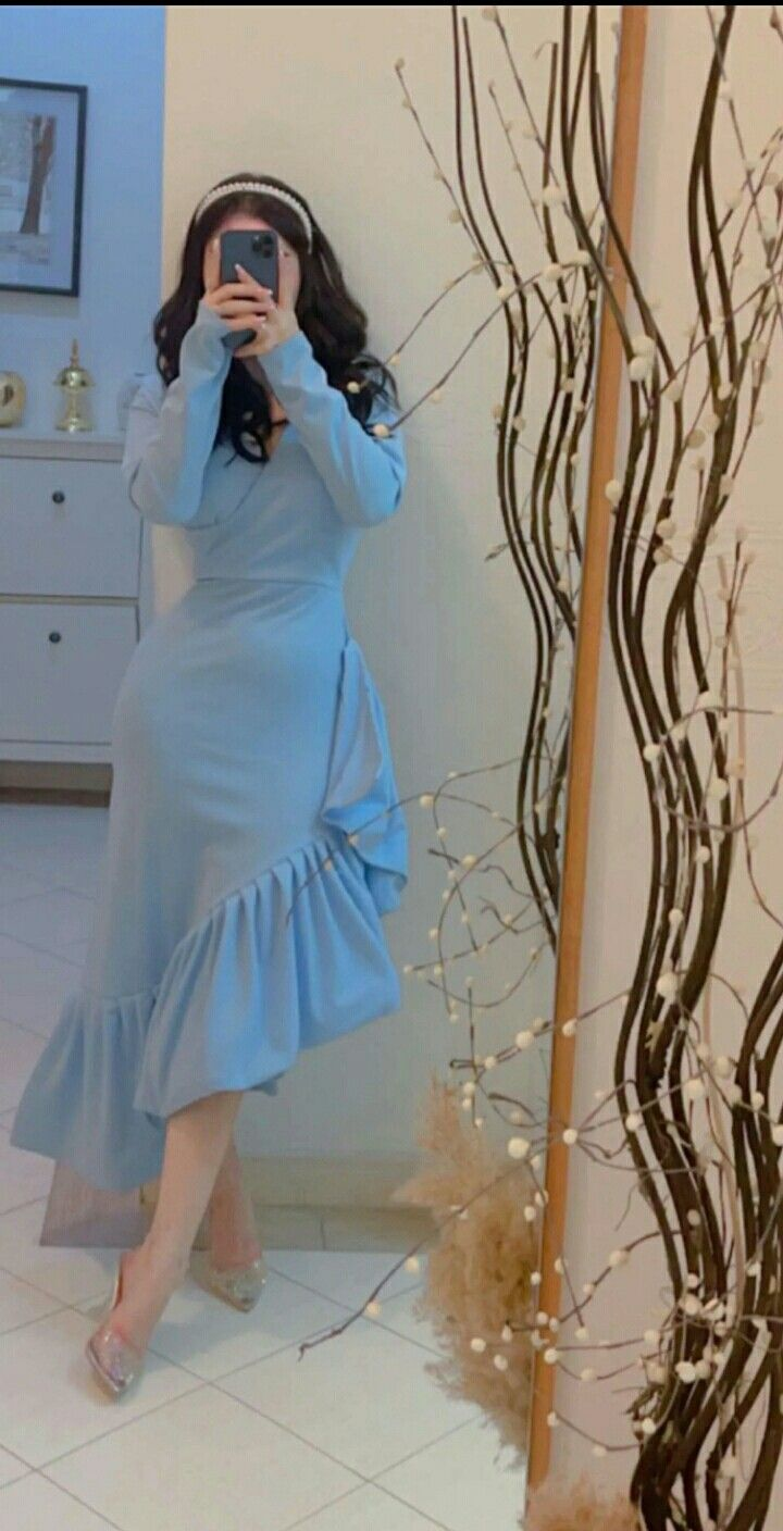 Mermaid Light Blue Women's Prom Dresses V Neck Long Sleeves Formal Occasion Dress Temperament Evening Dress Y4764
