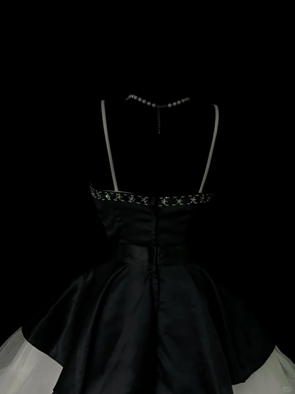 Stylish Spaghetti Straps Satin Tulle Beaded Short Prom Dress,Black Short Graduation Homecoming Dress SP4037