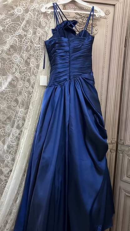 Pretty Spaghetti Straps Navy Blue Satin Beaded Mermaid Long Party Dress Evening Dress SP2155
