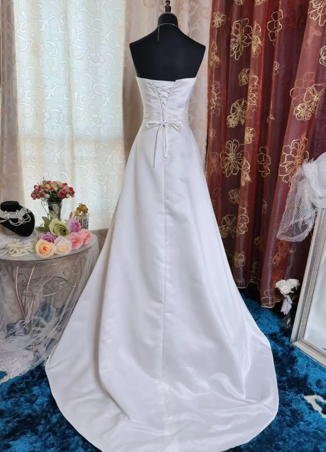 Elegant Strapless Satin Mermaid White Long Wedding Dress Bridal Dress SP1953