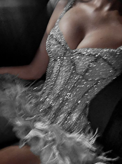 Gorgeous Spaghetti Straps Mint Green Sequin Beaded Feathers Sheath Cocktail Dress Formal Homecoming Dress Y9204