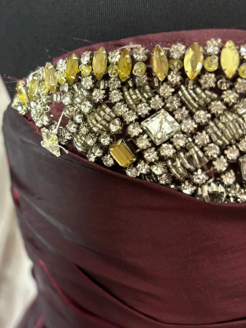 Pretty Burgundy Strapless Beaded Satin Pleated Mermaid Long Wedding Guest Dress Party Dress SP1379