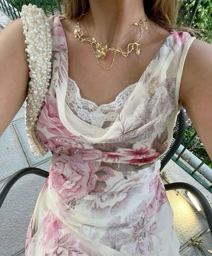 Pretty Sleeveless Sequin Chiffon Floral Midi Party Dress Prom Dresses SP2251