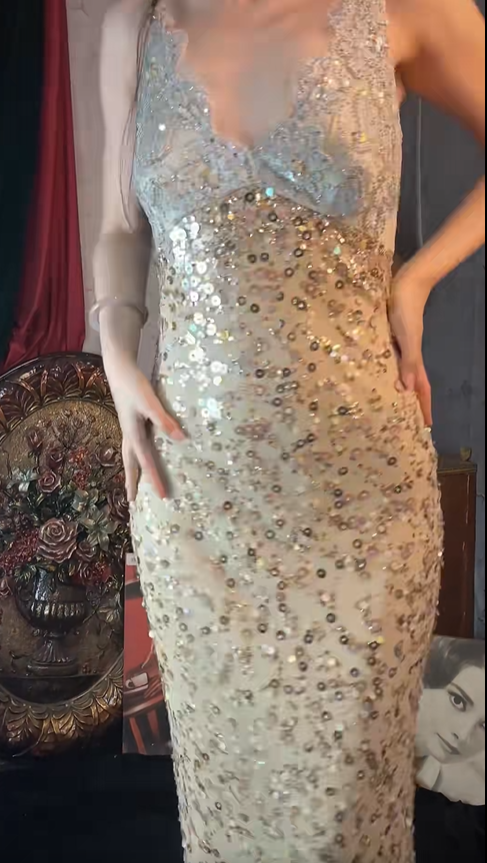 Sparkly V Neck Sequin Lace Mermaid Long Party Dress Birthday Prom Dresses SP1251