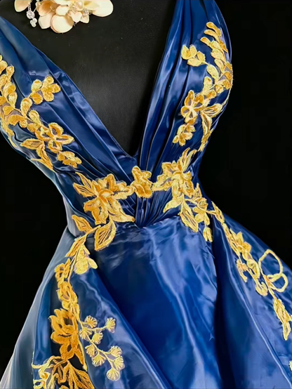Vintage Sleeveless V Neck Ball Gown Navy Blue Tulle Appliques Evening Gown Prom Dress SP2376