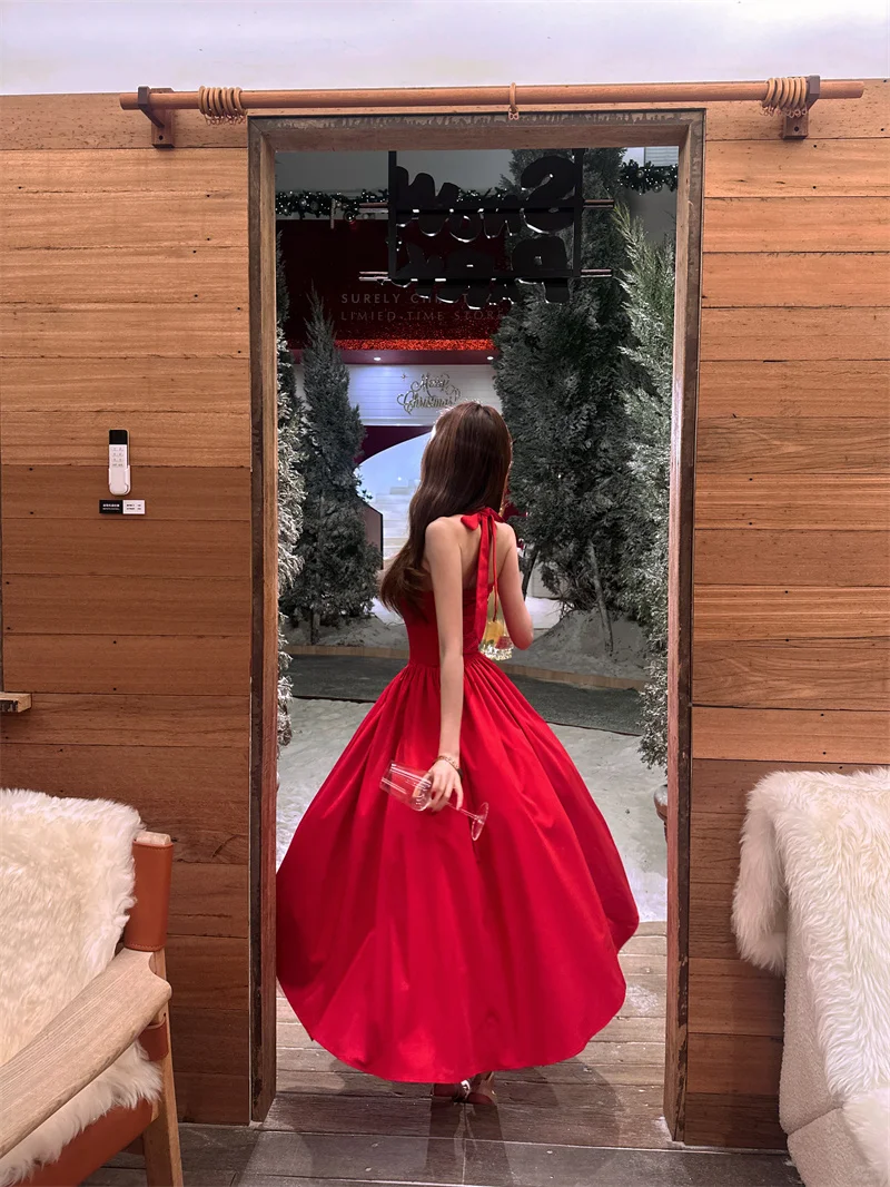 Charming Halter A Line Satin Long Prom Dress Red Evening Dress Birthday Dress SP2297