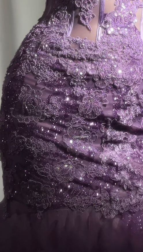 Glamorous Strapless Purple Tulle Lace Sequin Mermaid Evening Dress Long Birthday Party Dress SP1682