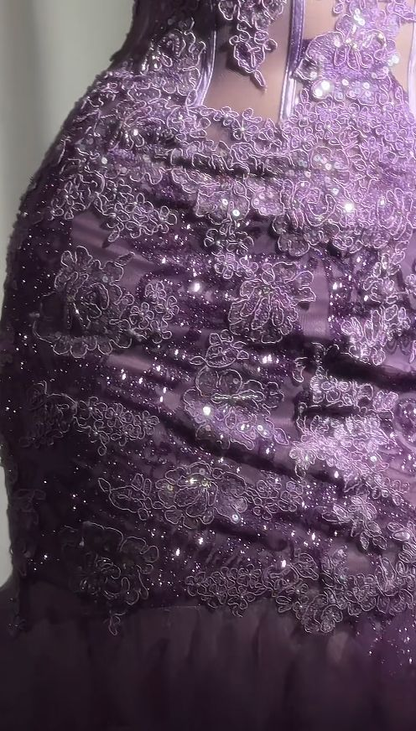 Glamorous Strapless Purple Tulle Lace Sequin Mermaid Evening Dress Long Birthday Party Dress SP1682