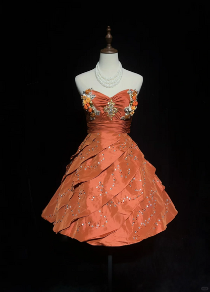 Elegant Sweetheart Neck Satin Beaded A Line Mini 19th Birthday Outfits,Orange Short Homecoming Dress SP2904