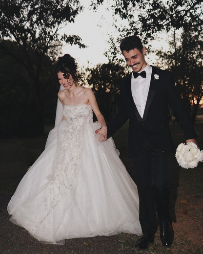 Glamorous Strapless Tulle Floral Beaded Long Wedding Dress White Bridal Dresses SP2114