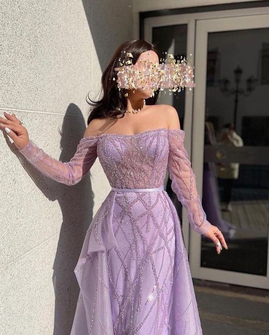 Lilac Off-The-Shoulder Long Sleeves Tulle Prom Dress Mermaid With Beads Y6716