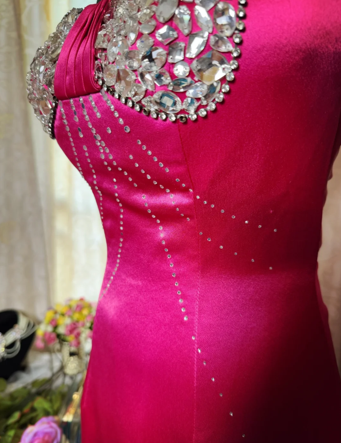 Sexy Hot Pink Satin Beaded Mermaid Party Dress Long Wedding Guest Dress SP1957