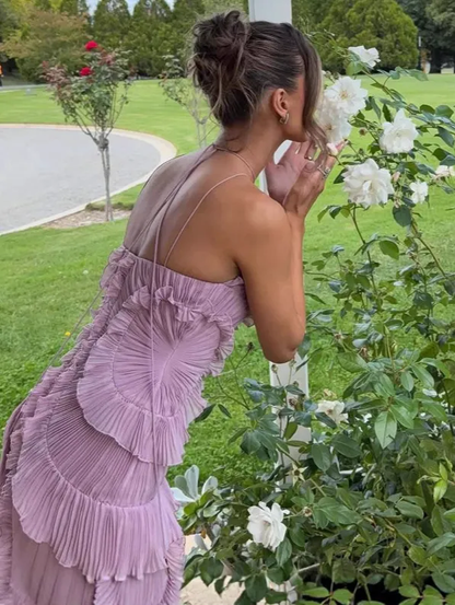 Chic Lavender Chiffon Ruched Prom Dress,Sexy Halter Party Evening Gown Y8731