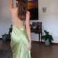 Simple Green Spaghetti Straps High Slit A Line Evening Dress Backless Prom Dress Y8433