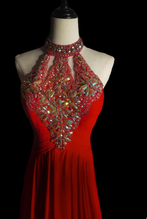 Glamorous Red Halter Chiffon Beaded Formal Wedding Guest Dress Mermaid Long Party Dress SP514