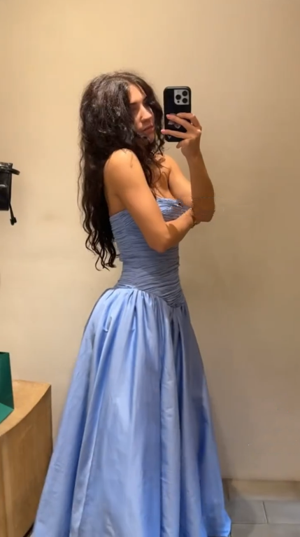 Elegant Blue Strapless Satin Pleated A Line Long Party Dress Birthday Dress SP2528