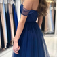 Elegant Long Navy Blue Off-the-shoulder A-line Sleeveless Prom Dress Y6767