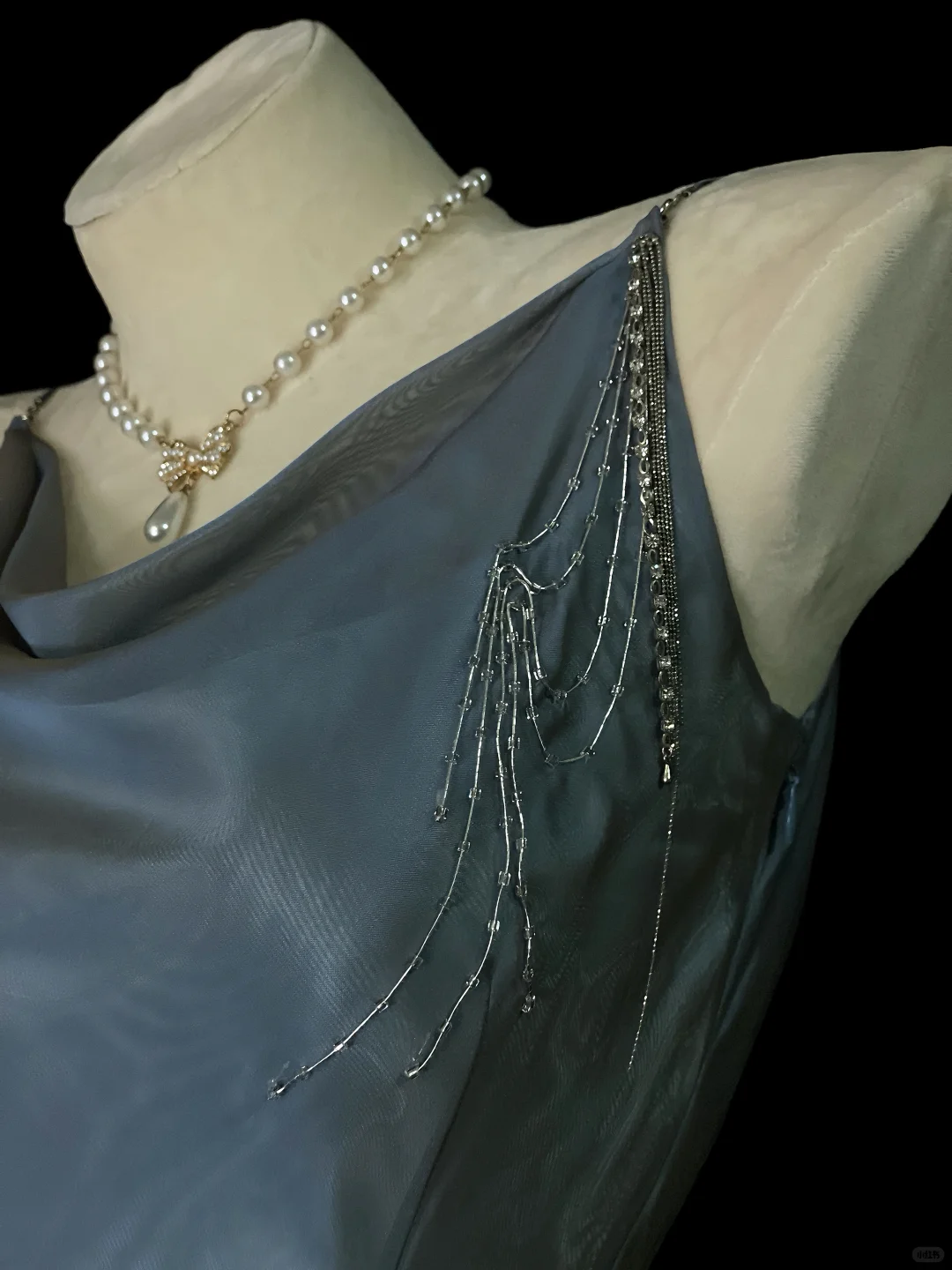 Vintage Spaghetti Straps Satin Tulle Beaded Mermaid Long Prom Dress Dark Dusty Blue Long Party Dress SP4042