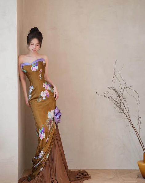 Vintage Satin Print Mermaid Evening Dress,Strapless Long Prom Dress Y8545