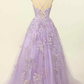 Lilac A-line V Neck Tulle Applique Lace-Up Back Long Prom Dress,Y2464