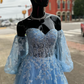 Blue Floral Lace Sweetheart A-Line Prom Dress with Sleeves Y4029