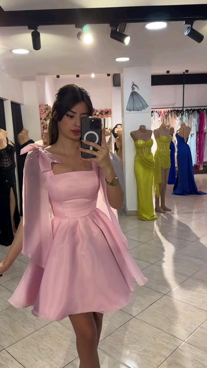 Sweet Square Neck Pink Satin Tulle A Line Short Graduation Homecoming Dress Birthday Outfits SP2310