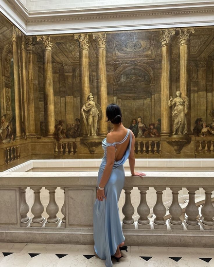 Classy Blue Satin Mermaid Long Wedding Dress Party Dress  SP1093